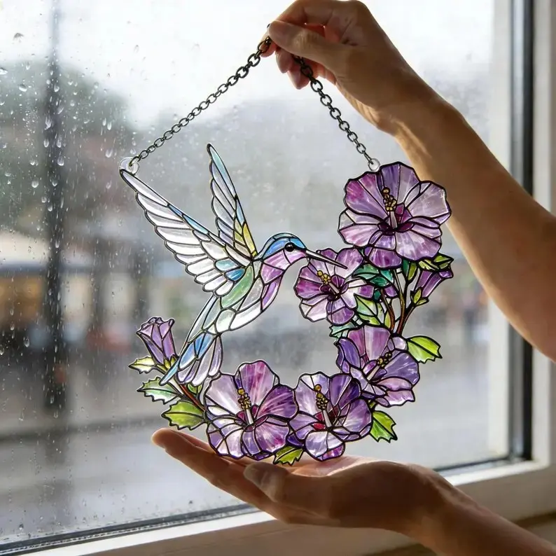 Hummingbird Window Art, Lavender Flower Glass Panel, Botanical Suncatcher Decor, Mother’s Day Gift