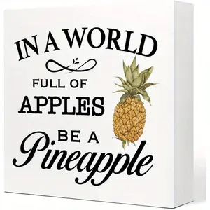 Summer Desk Decor, In a World Full of Pineapples Be a Pineapple Wooden Plaque Sign Desk Decor, Rustic Pineapple Wood Block Sign Desk Decorations for Farmhouse Home Kitchen Farm Garden Shelf Table Decor 5x5 inch