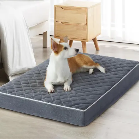 Orthopedic Dog Crate Bedding XXL Mat (47x29x3.5in) - Quilted Plaid, High Density Foam, Waterproof, Spillproof, Washable, Self-Warming, Thick Cushion with Snap, L-Shaped Zip for Easy Access, Vacuum Sealed, Joint Relief, Removable Cover for Extra Large Dogs