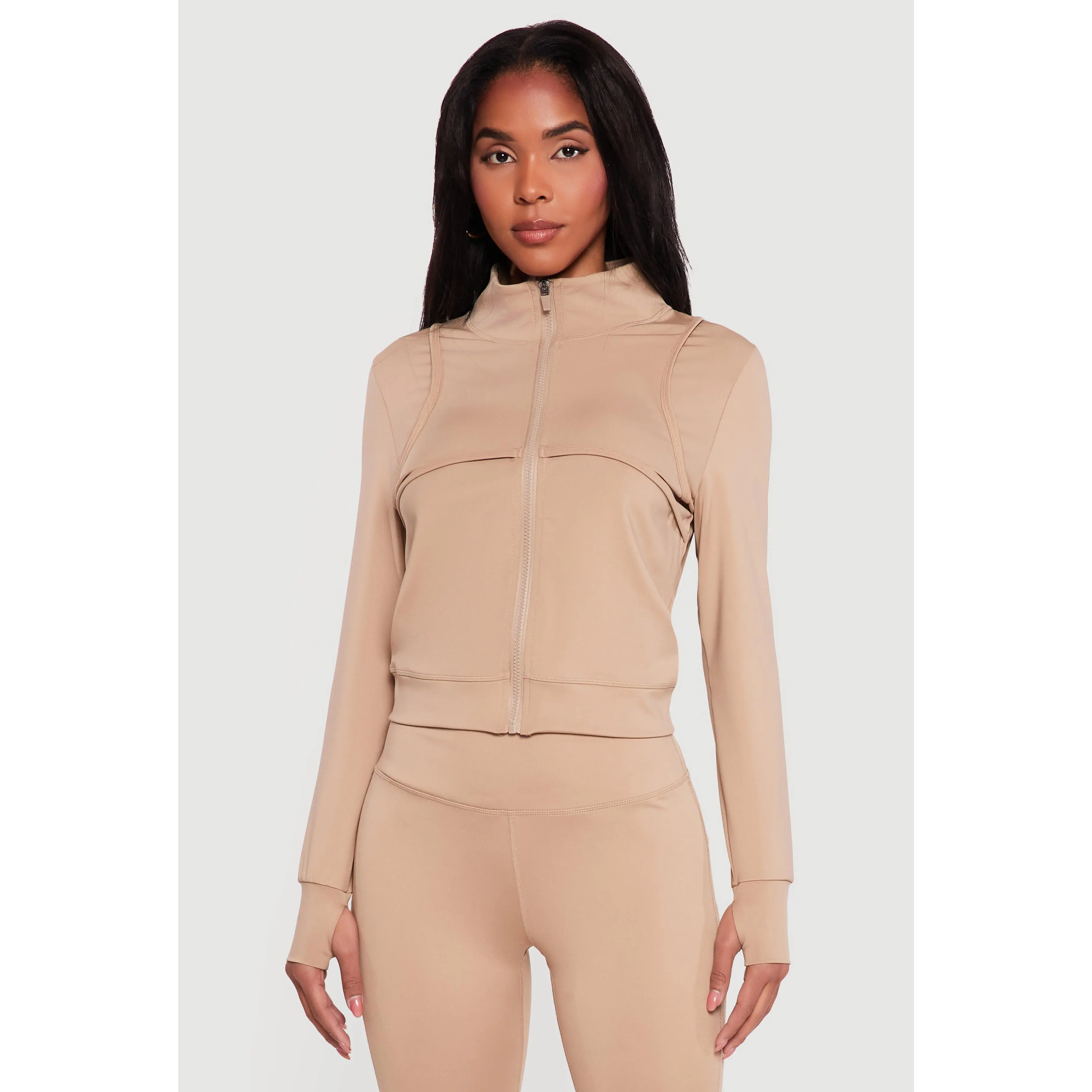 Solid Zip Front Activewear Jacket with Thumb Holes
