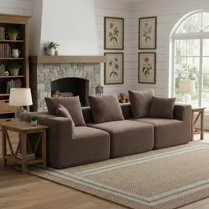 Oversized Modular Deep-Seat Sofa with 3 Oversized Back Pillows 3-Piece All-Foam Sectional Couch with 2 Accent Cushions and Soft Textured Fabric for Living Room, Brown