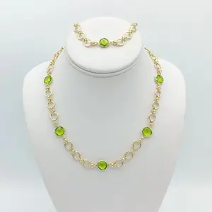 Women's Spring Green Geometric Necklace and Bracelet Set, 14k Gold Plated