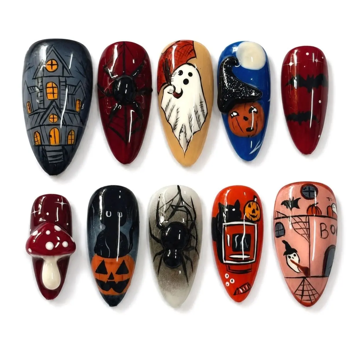 Handmade Midnight Mystery Press On Nails Reusable Haunted House Spider Mushroom Moon Bat Pumpkin Fantasy Gel Nail Art Glossy Acrylic False Nails Custom Gift for Women