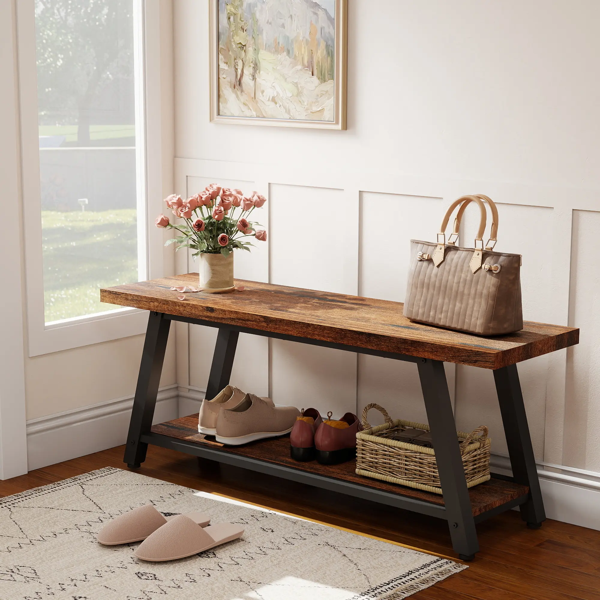 [SummerVibes] 47"Modern Farmhouse Entryway Bench, Rustic Storage Bench，Farmhouse Entryway Table, Narrow Couch Tables Behind Sofa, 2 Tiers Accent Tables for Hallway, Entrance, Foyer, Living Room summerwins Foot Of Bed Midi