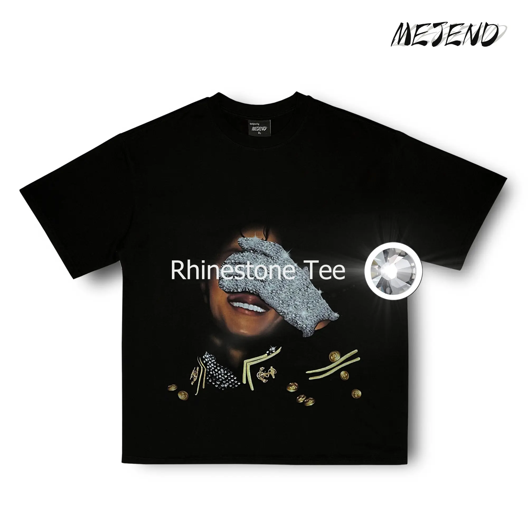 10oz 100% Cotton, t shirt with Rhinestone, Comfort Shortsleeve Casual,mj shirt with Diamonds, Streetwear tee, MeJend Sweatshirt for Men & Women