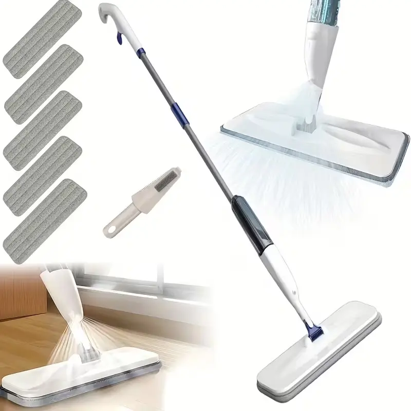 Sturdy 2-in-1 Spray Mop with Rotatable 360° Head, Durable Heavy-Duty Metal Frame, 5 Replacement Microfiber Pads, Squeegee, No Bucket Hands-Free Easy-Fill Design for Hardwood & Tile Floor Cleaning (1 Piece)