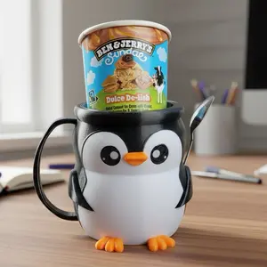 Pint Ice Cream Holder Cup - Penguin Shaped with Spoon & Snack Storage, Keeps Hands Warm, Fits Most Pint Size Ice Cream, Great Gift for Home