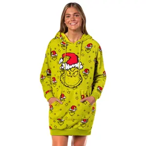 Dr. Seuss The Grinch Women's Pullover Hooded Plush Fleece Adult Pajama Dorm Sleep Shirt With Knee High Socks