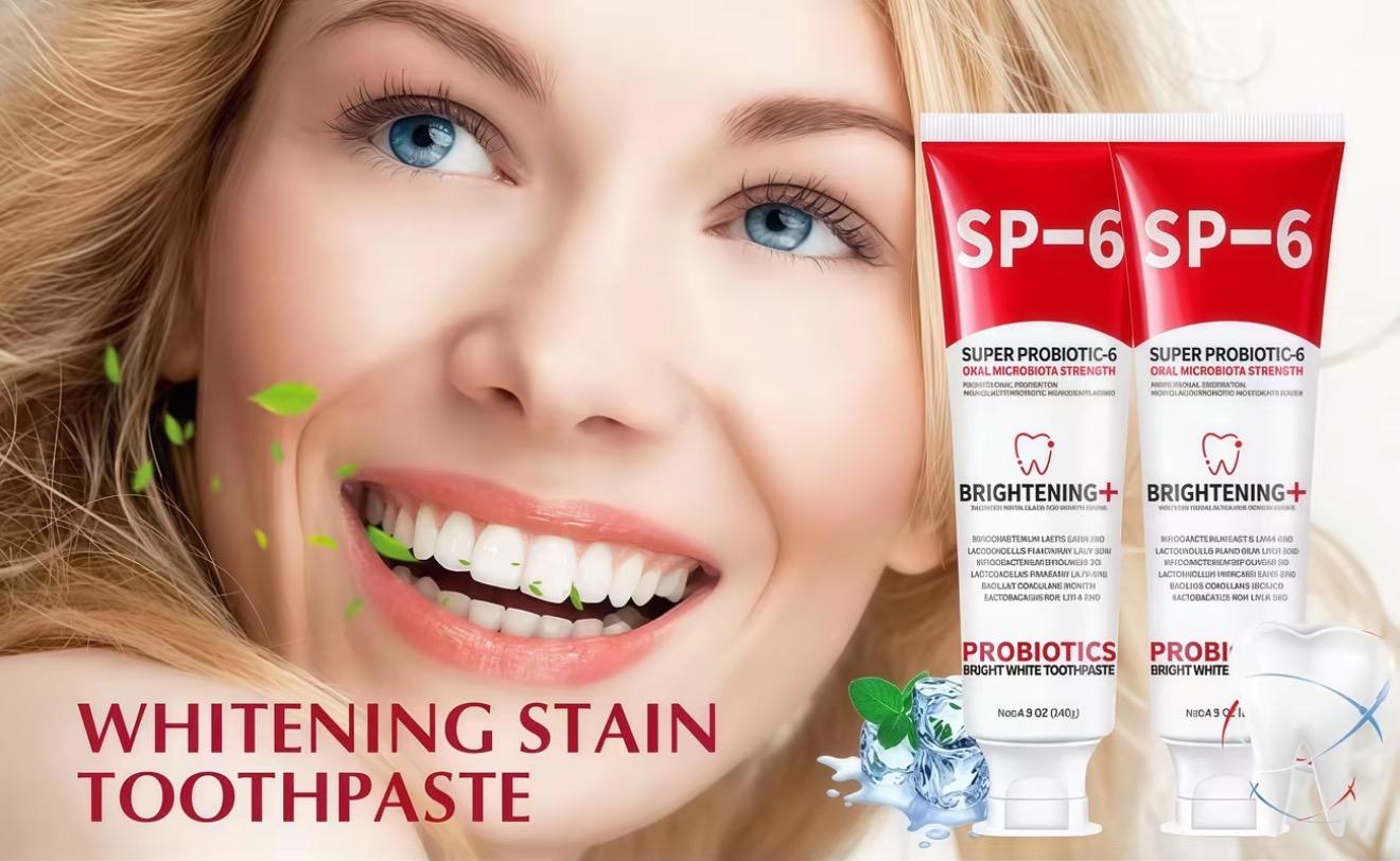 SP-6 Probiotic Whitening Toothpaste, SP-6 Probiotic Toothpaste, a fortified formula containing 6 types of probiotics, used for teeth whitening/brightening, with a fresh mint flavor