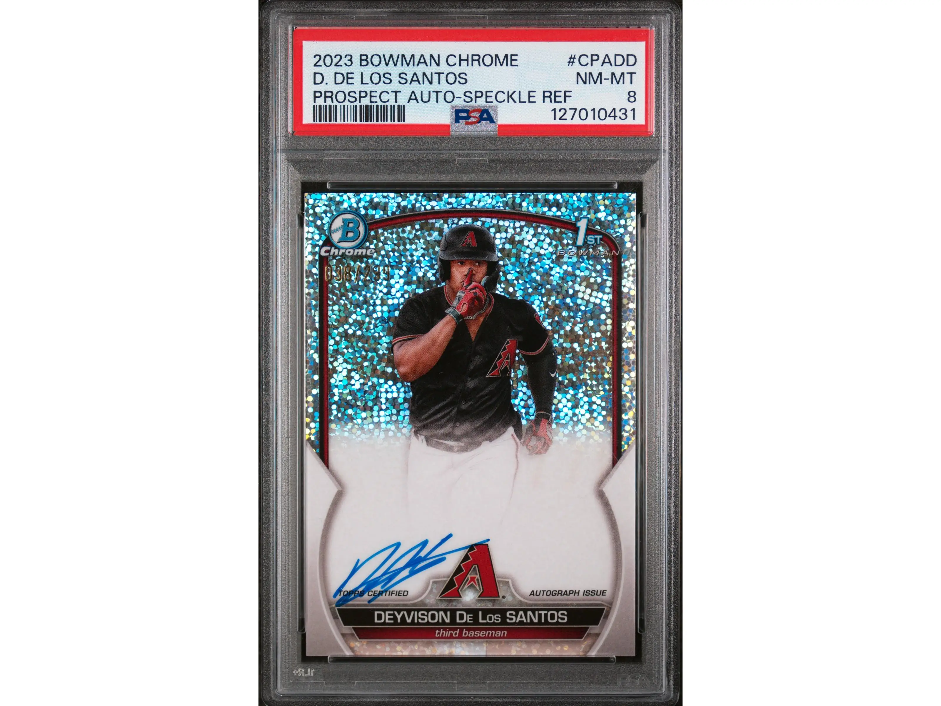 2023 Bowman Chrome Prospect Autograph Speckle Refractor Deyvison De Los Santos #CPADD /299 PSA 8