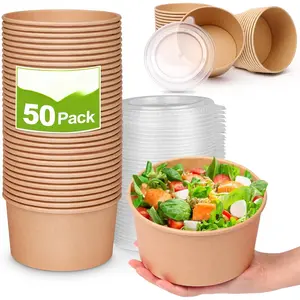 32oz Large Paper Bowls With Lids - 50 Pack Disposable, Biodegradable for Salads, Soup, Hot/Cold Food - Heavy Duty Serving Party Bowls