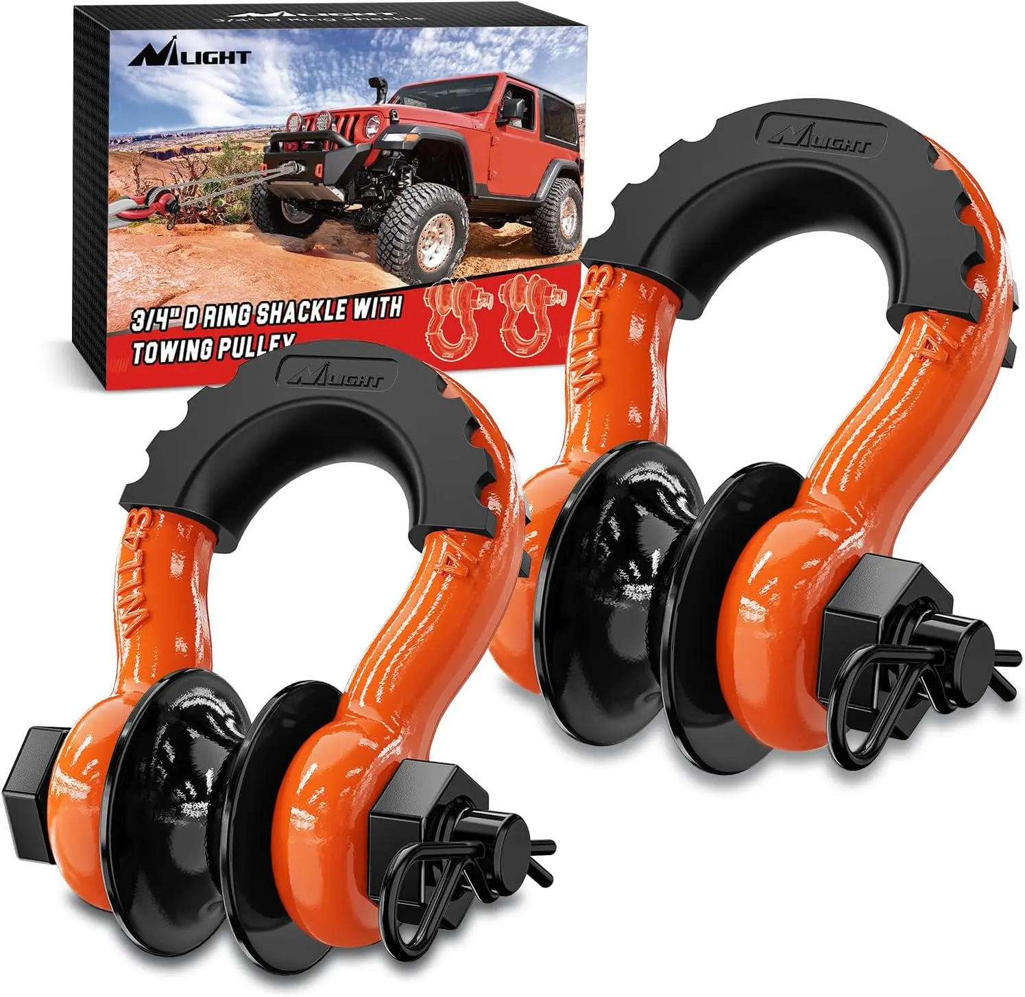 Nilight 2-Pack 3/4"-D Ring Shackle with Towing Pulley, 7/8"-Pin Powder Coated Corrosion-Resistant Heavy-Duty Off-Road Recovery Kit with Isolator Washers, 4.75-T 9500 lbs Cap. for Trucks, Trailers, ATV Owners, Powder Coat, 4.75 Ton