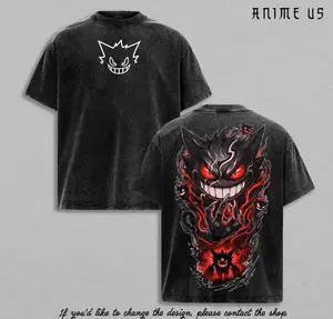 Shadow Ghost Creature Gengar Anime Graphic T Shirt Vintage Washed Oversized Streetwear Tee Dark Monster Smile Red Aura Aesthetic Unisex Gift for PKM Fans GCT