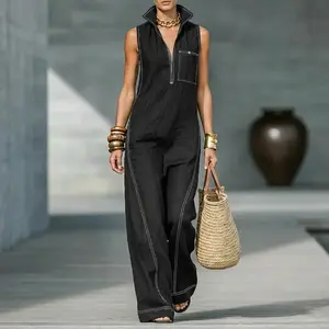 2026 Women's Stand Collar Sleeveless Jumpsuit - Half Zip Topstitching Loose Linen Cotton Wide Leg Overall, Trendy Workout Sets for Women