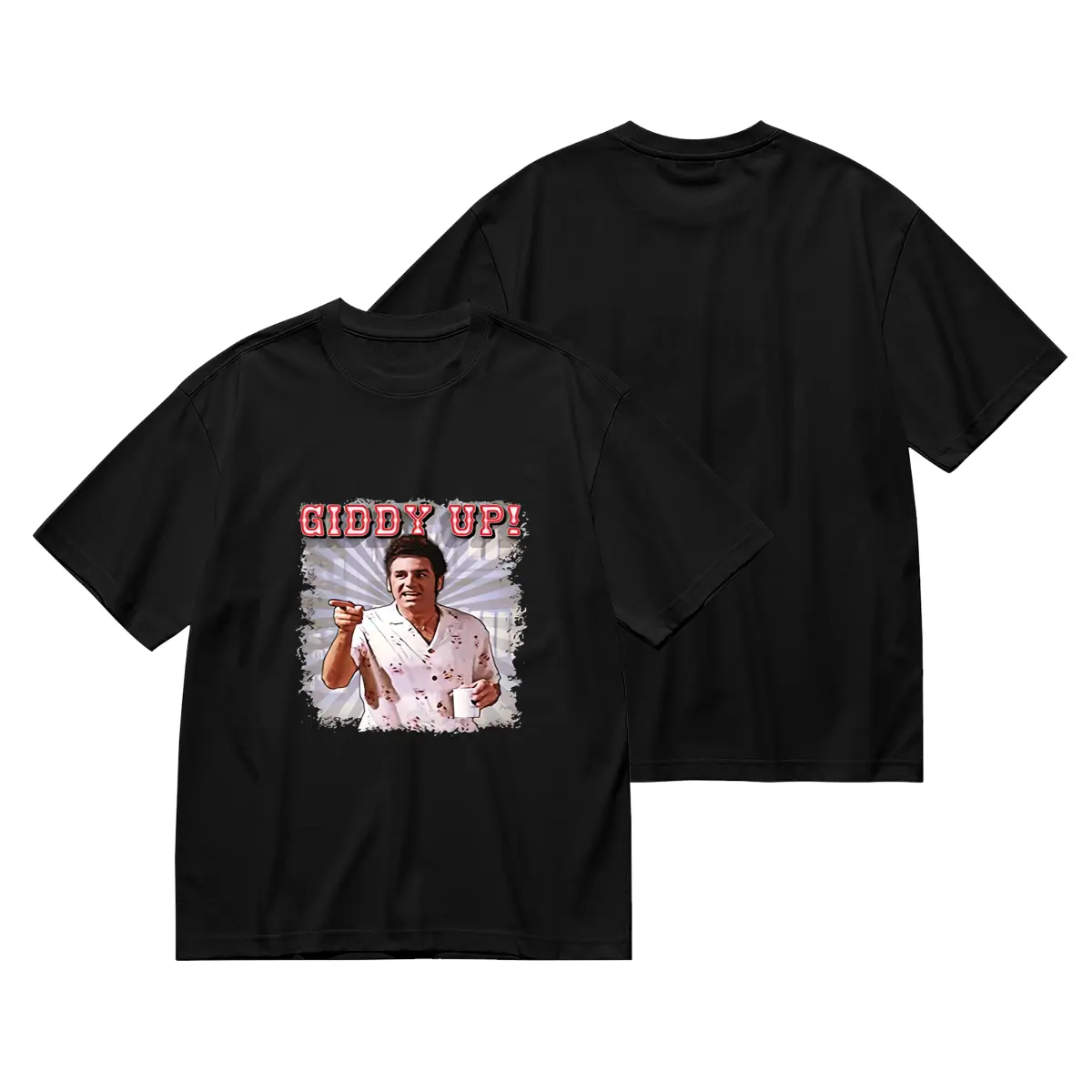 Men's Seinfeld Cosmo Kramer "Giddy Up" Graphic T-Shirt, Black Cotton Round Neck Short Sleeve Glossy Printed Casual Daily Wear Top