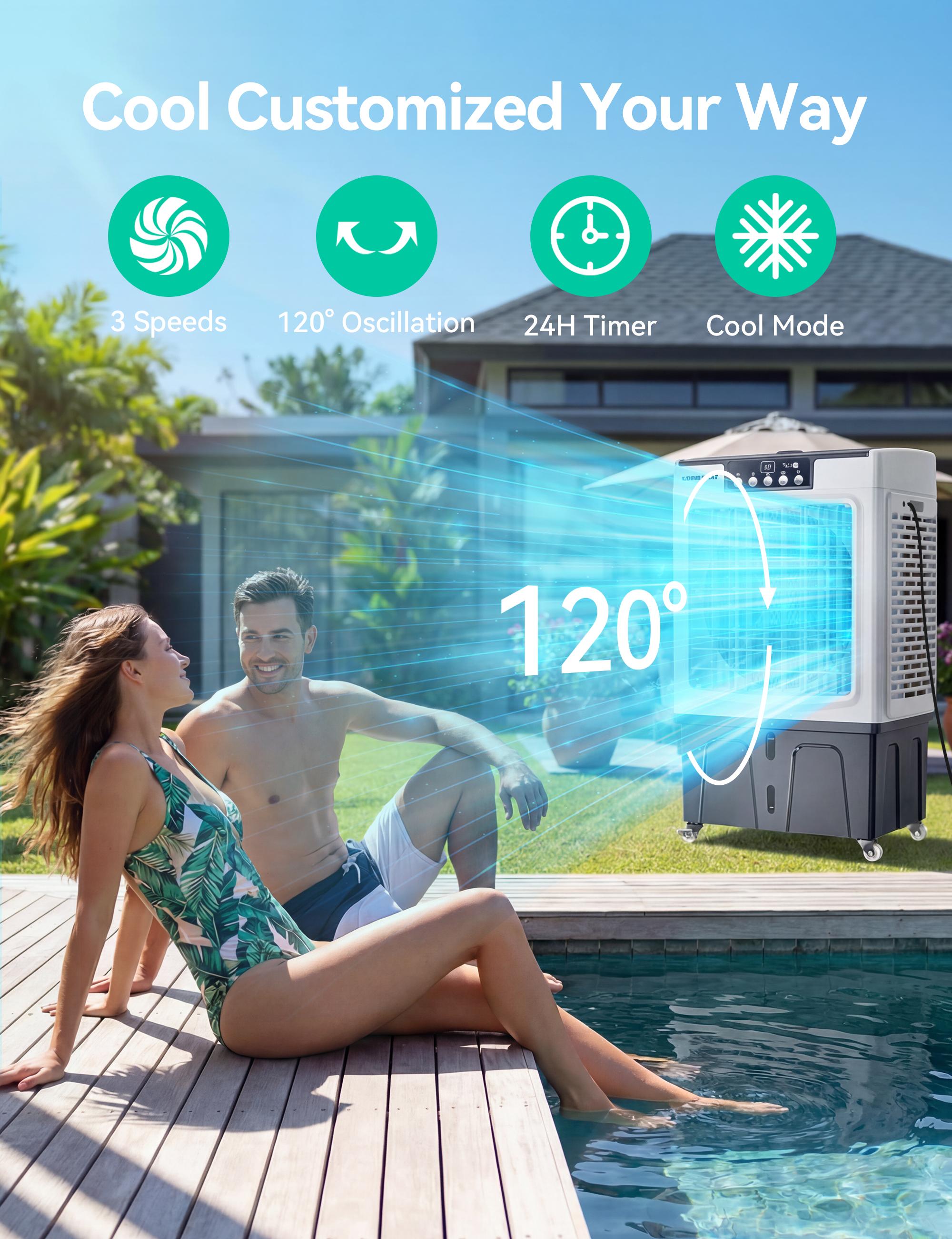 VAGKRI cooling-type household air conditioner, 12 Gal Tank, 3000 CFM, 3 modes, 3 fan speeds, 120° oscillation, 24-hour timer, fee remote control, household fan, floor fan, suitable for indoor and outdoor use.