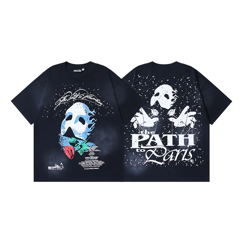 Hellstar Path to Paris Mask and Rose Graphic T-Shirt, Marionette Hand Back Artwork, Heavy Cotton Washed Black Oversized Tee for Men Women, Vintage Gothic Graphic Tees, Y2K Streetwear Fashion Accessories