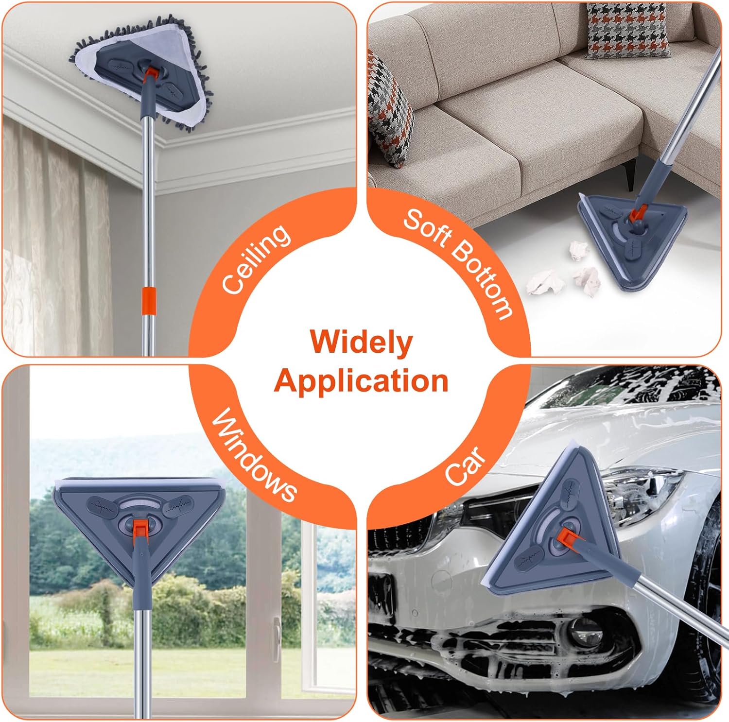 Wall cleaner with long handle, adjustable length wall mop with a 360° rotating head—cleaning tool for walls, ceiling fans, floors, baseboards, dust, and general kitchen cleaning; includes 6 replacement pads and 1 silicone squeegee. Wall cleaner with long handle, adjustable length wall mop with a 360° rotating head—cleaning tool for walls, ceiling fans, floors, baseboards, dust, and general kitchen cleaning; includes 6 replacement pads and 1 silicone squeegee.