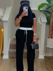 Two-Piece Set Women's Colorblock Wide Leg Comfy Pants Set, Casual Short Sleeve Tee & Drawstring Waist Straight Leg Pants for Daily Wear, Work Pants Women Set, Ladies Outfits for All Seasons