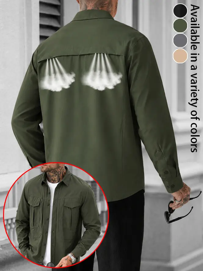 Men’s long-sleeve breathable work shirt — collared button-up utility shirt; outdoor casual overshirt with back vent design and multiple pockets; lightweight loose fit; suitable for fishing, hiking, travel, camping; workwear top/streetwear layering shirt;