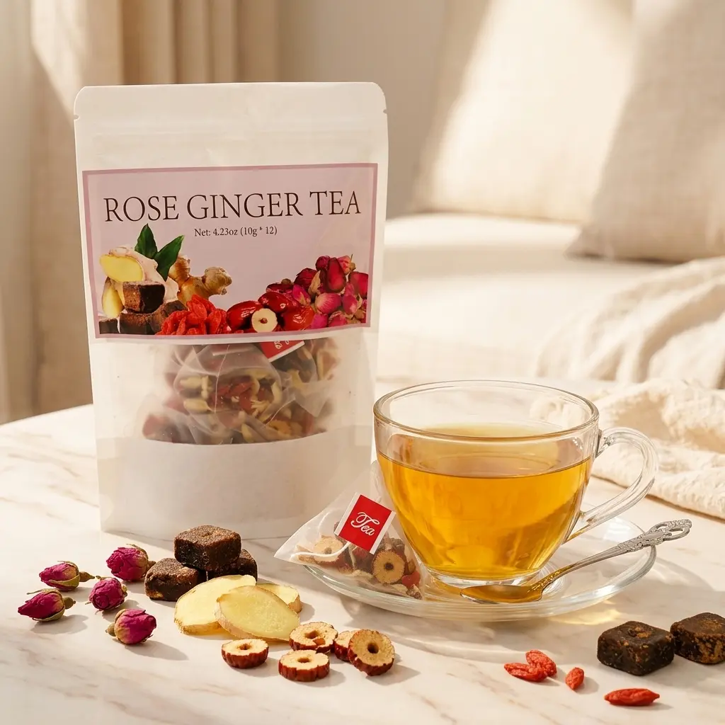 Rose Ginger Tea Bags with Brown Sugar, 12 Count (120g), Caffeine-Free Warm Floral Spicy Blend with Goji Berry & Red Date, Cozy Daily Comfort Tea for Fall/Winter RoseOsmanthus
