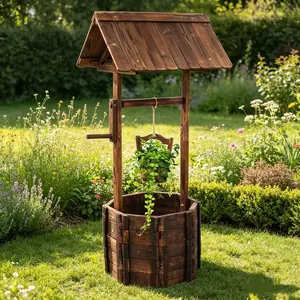 Rustic Wooden Wishing Well Planter - Carbonized Fir Wood, Anticorrosive & Reinforced, Outdoor Garden Bucket Flower Pot
