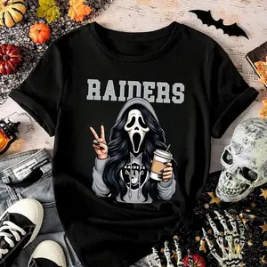 Raiders Coffee Fan Cozy Sweatshirt Halloween Graphic Women's Crew Neck    Casual Short-Sleeve Top