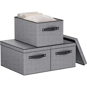 Fabric Storage Boxes 7.1 x 9.1 x 13 Inch Baskets for Shelves with Lids Wardrobe Organiser with Handles Decorative Linen Closet Organizer Bins Gray 3 Pack