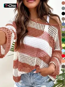 Women's Striped Print Hollow Out Sheer Drop Shoulder Sweater, Casual Long Sleeve Boat Neck Jumper for Spring & Fall, Fashion Women's Knitwear for Daily Wear