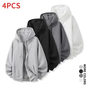Men's 4-Piece Solid Color Loose Zip-Up Hooded Jacket Set - Lightweight Sport Jogging Cardigan, Ideal for Solo Wear or Layering