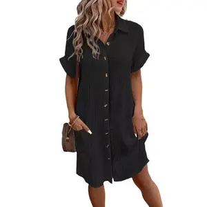 Women’s 2025 casual solid-color cotton-linen button-front mid-length short-sleeve loose dress