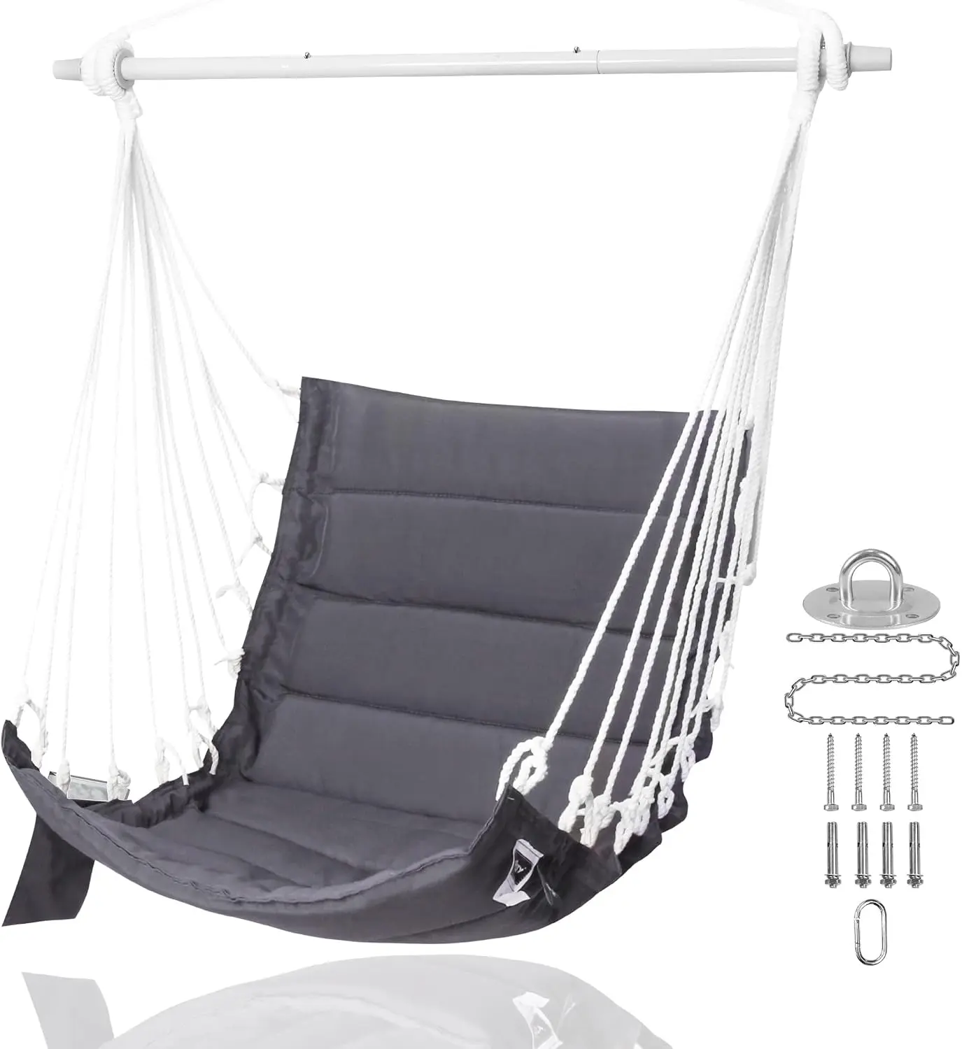 Hammock Chair Porch Hanging Swing with Side Pocket Dark Grey| Steel Spreader Bar, Hardware Kit Included, Quilted Fabric, Up to 350 Lbs, Indoor or Outdoor