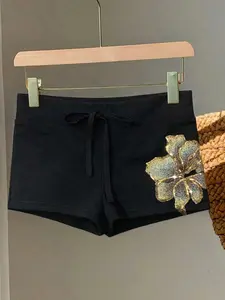 Gold Floral Shorts, Drawstring Adjustable High Waist Slim Fit, Women's Fashion Item, Elegant Sparkle Design, Summer Daily Wear