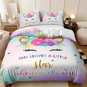 Bedding 3-piece set - 3PCS,Pink rainbow unicorn floral design down comforter set (1 comforter cover + 2 pillowcases, filling not included) -soft and comfortable, suitable for family bedrooms.