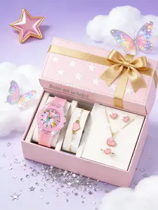 Cute Girly Unicorn Silicone Watch Set with Heart Jewelry, Analog Quartz Movement, Round Dial, Perfect Gift for Kids, All Seasons Wear