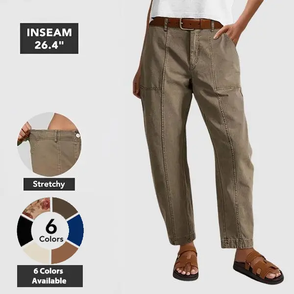 Flamingals Solid Stitch Detail Mid Waist Baby Barrel Fit Deep Pockets Pants High Stretch 26.4" Inseam Casual Women's Fashion Elevated Basic