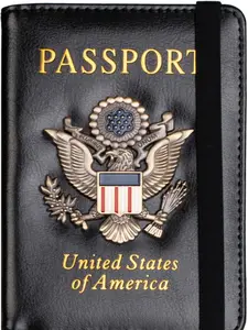 RFID Blocking Passport Holder for Women Men, Leather Passport Travel Wallet with Metal 3D Metal Badge, Travel Document Holder Cover Accessories(Black)