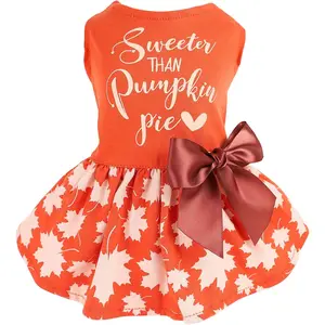 Thanksgiving Sweeter Than Pumpkin Pie Dog Dress 100% Cotton Puppy Costumes Pet Clothes Holiday Girl One-Piece Doggy Outfits Tank Top Vest Dresses Cat Apparel Orange Medium