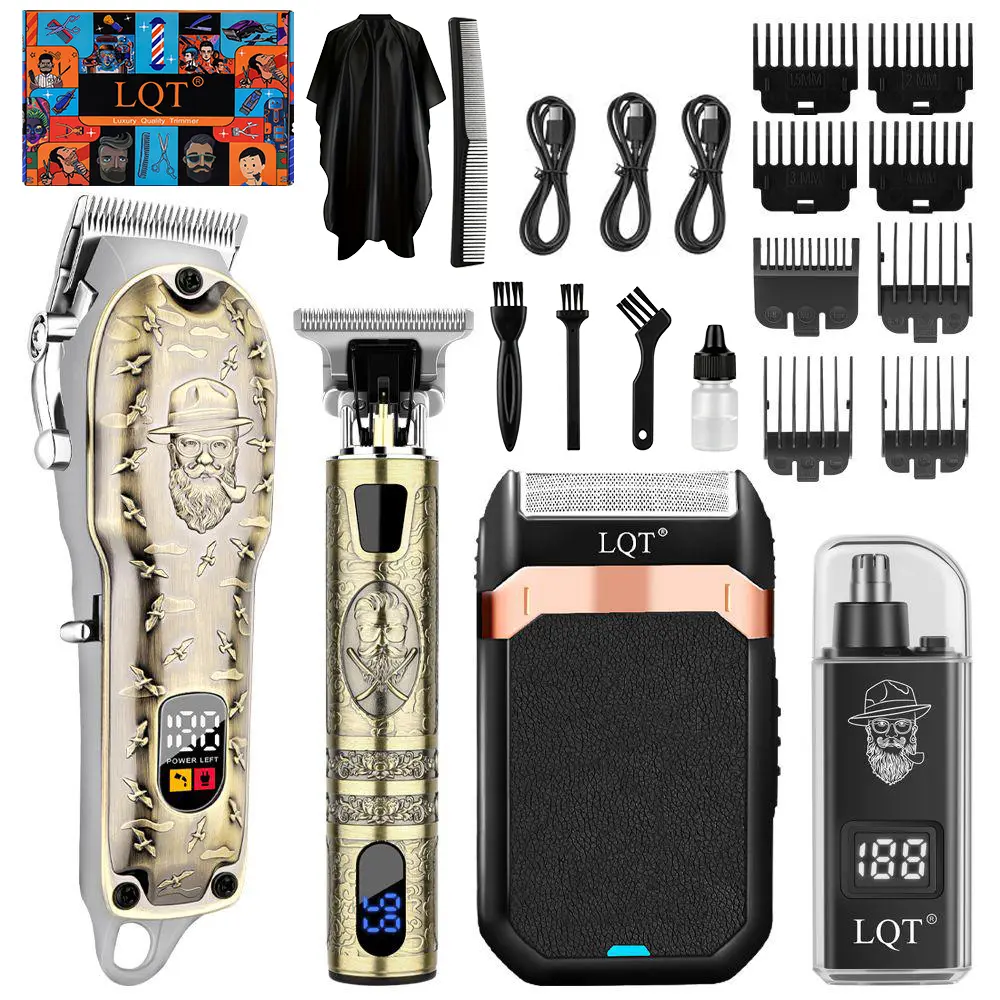 LQT 4pcs Professional Men's Hair Clipper Set  - Trimmers for men, Electric Shaver, Nose Hair Trimmer, USB-Rechargeable Lithium Battery, LED Display, Guide Combs, Cape, Premium Father's Day Gift
