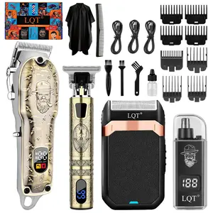LQT Professional Men's Hair Clipper Set (2Pcs/3Pcs/4Pcs) - Retro Engraved Cordless Kit with Clipper, Trimmer, Electric Shaver, Nose Hair Trimmer, USB-Rechargeable Lithium Battery, LED Display, Guide Combs, Cape, Premium Father's Day Gift