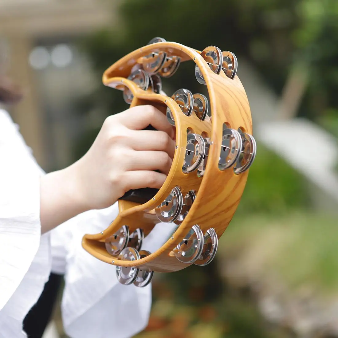 Wooden Handle Double Row Tambourine, 1 Count Portable Half Moon Shaped Musical Instrument, Handheld Tambourine for KTV Performance Party, Percussion Instrument