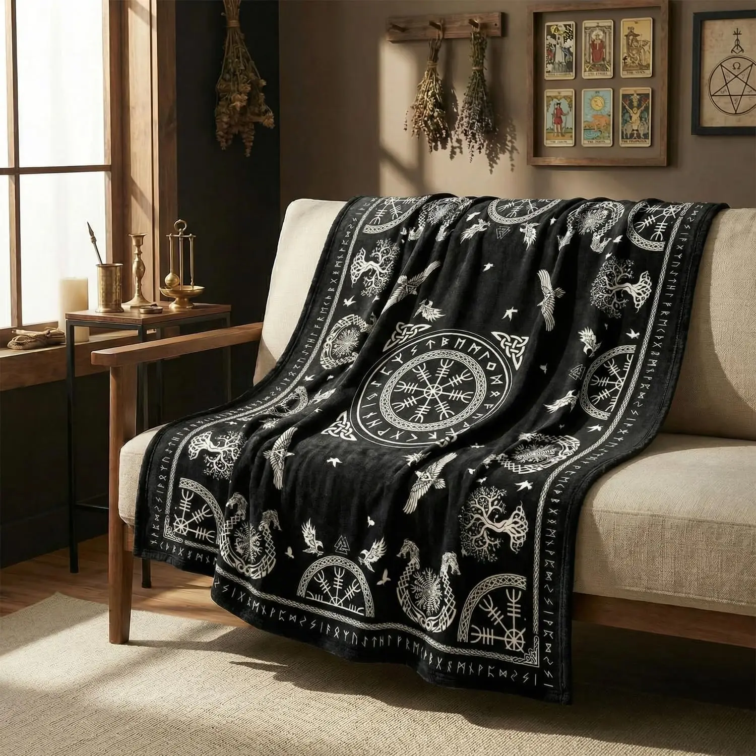 Tarot Altar Blanket Throw, Black Viking Tree of Life Raven Helmet of Awe Soft Fuzzy Cozy Blankets for Couch Sofa Bed Lounging, Ideal Gifts for Kids Adults Wife Self, 50x60