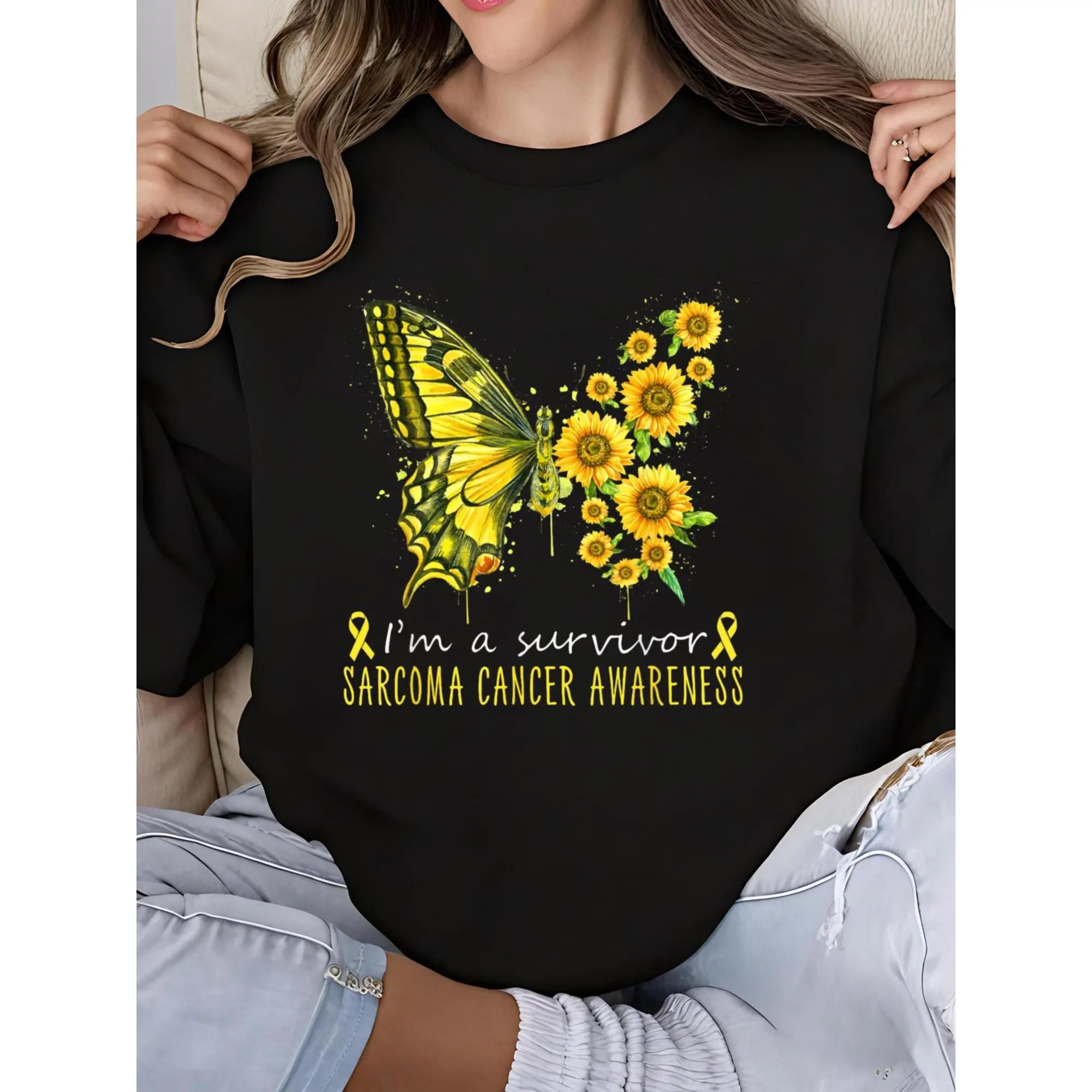 Women's Graphic Pullover, Casual 'I'm a Survivor' Sarcoma Cancer Awareness Crew Neck Long Sleeve Sweatshirt Top, Fitted, Longsleeves, Tops, Round Neck, Party, Polyester, Work