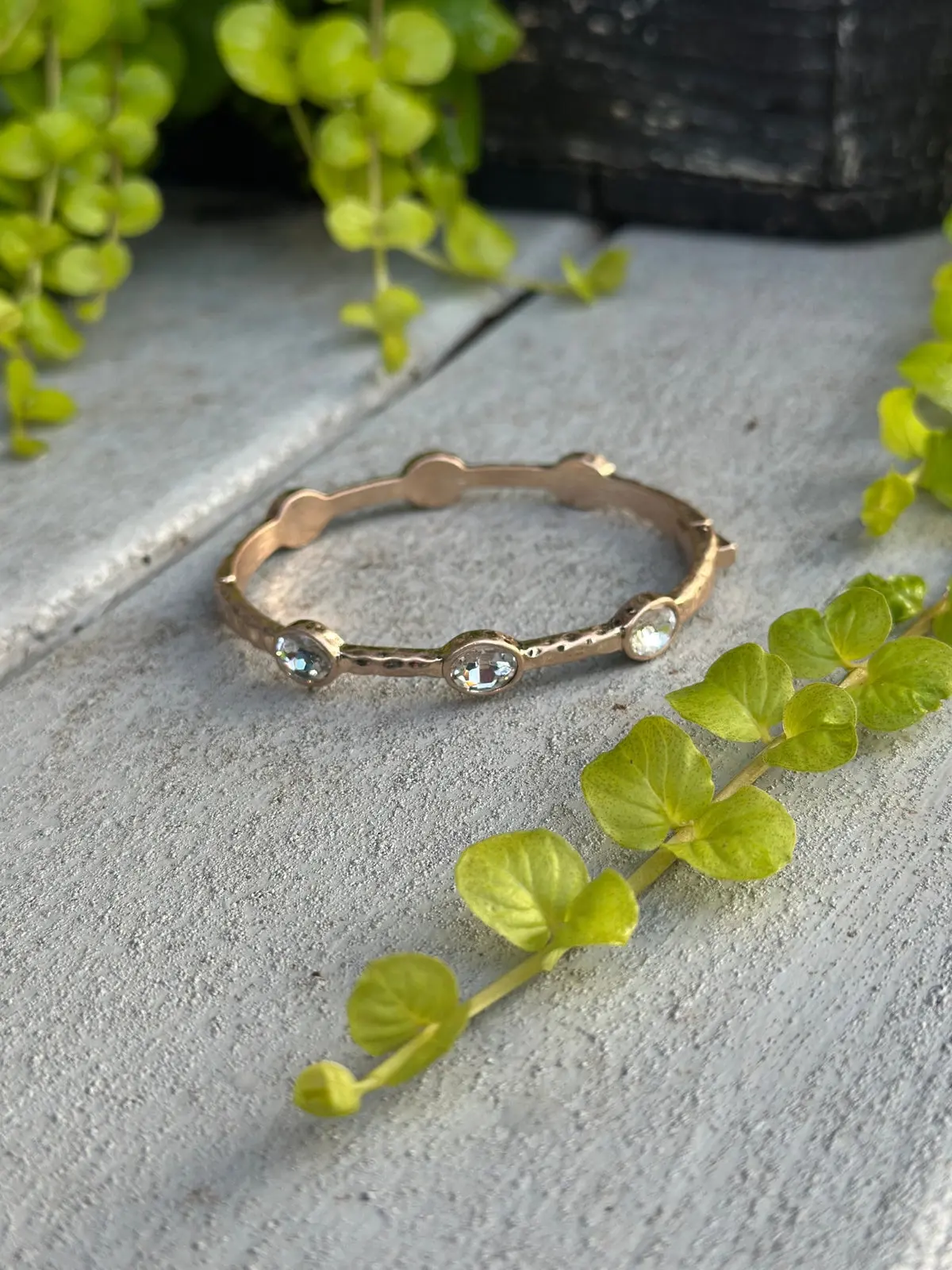 Artisan Hammered Gold Bangle - Stackable Bracelet with Scalloped Edge, Sparkling Non-Natural Crystal Accents, Hammered Texture, Distinctive Daily Wear Adult Jewelry for Adults