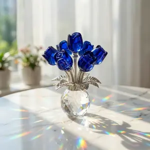 Blue Rose Crystal Flower Figurine with Vase K9 Crystal Rose Bouquet Ornament Romantic Gift for Wife Girlfriend Valentine's Day Anniversary Decor Summervibes
