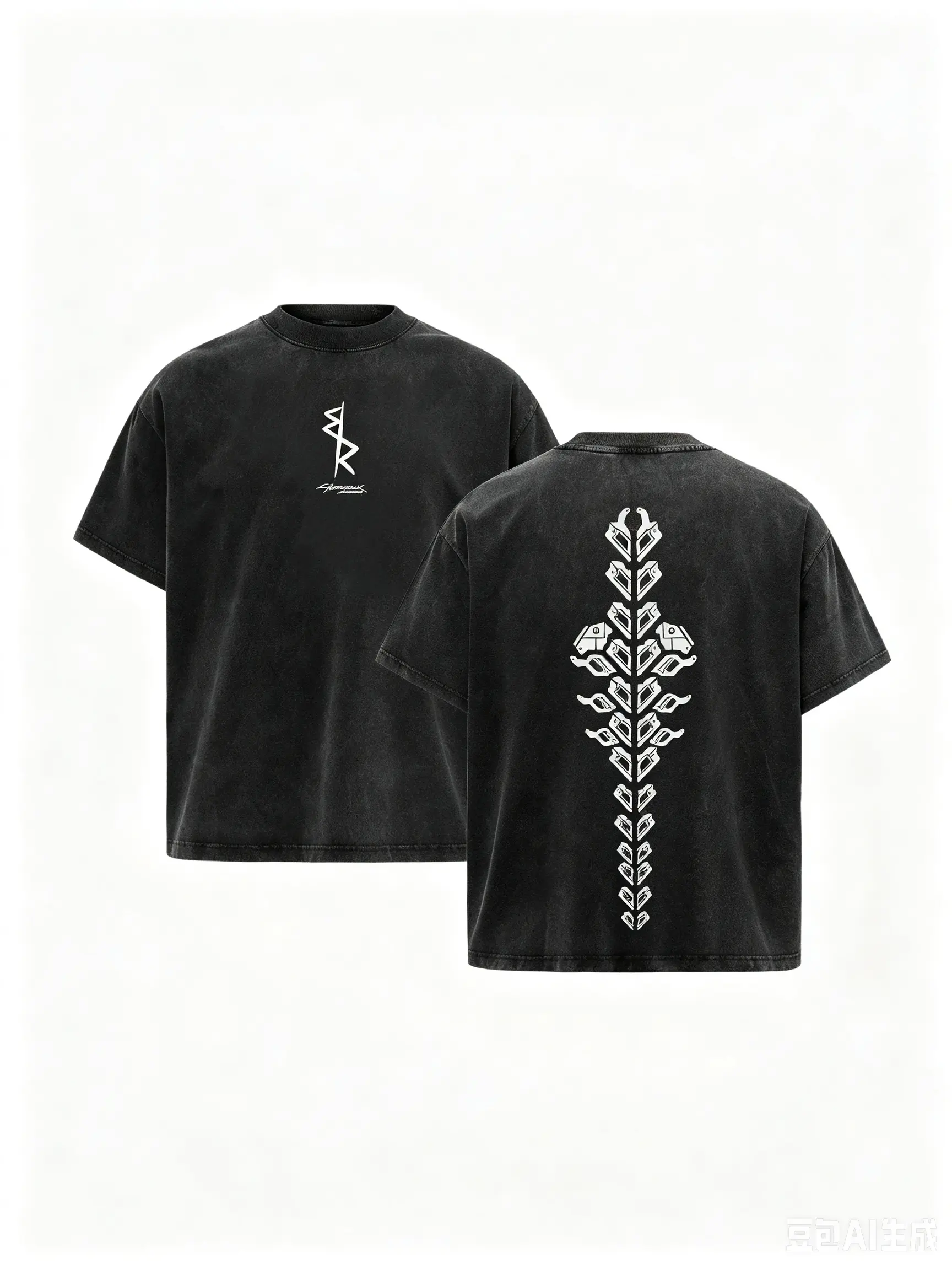 Men's Vintage Washed Minimal Abstract Geometric Oversized Cyberpunk Aesthetic Streetwear Techwear T-Shirt, Tshirt, Shortsleeve, Top, Breathable, Casual, Cotton, Distressed, Fabric