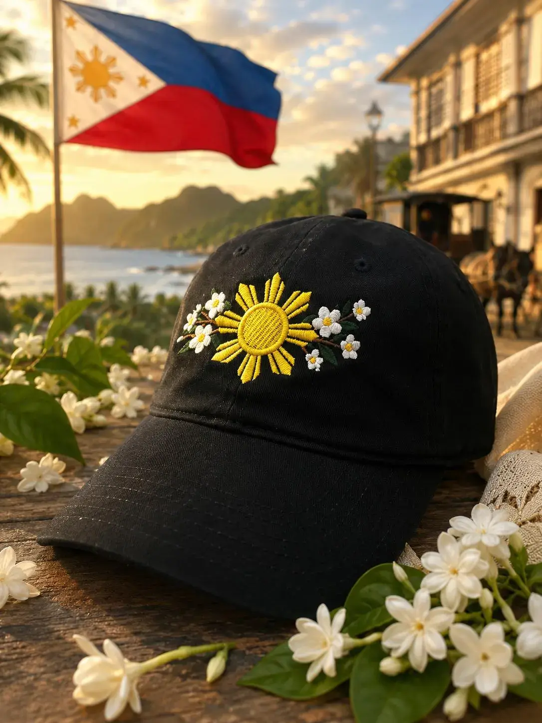 Embroidered Filipino Sun Sampaguita Dad Cap, Philippines Pride Baseball Hat