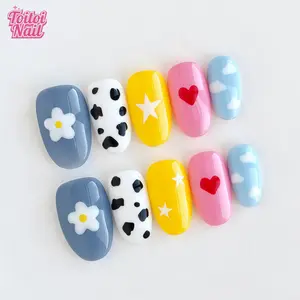 Daisy Cow Handmade Press-On Nails | Short Oval Shape, 10pcs | Playful Dopamine Daisy Cow Design | Multi-Color Base & Daisy/Cow Print/Star/Heart/Cloud Accents | Reusable DIY Nail Kit for Women | Trendy Nails for Spring, Summer, Dates & Daily Wear
