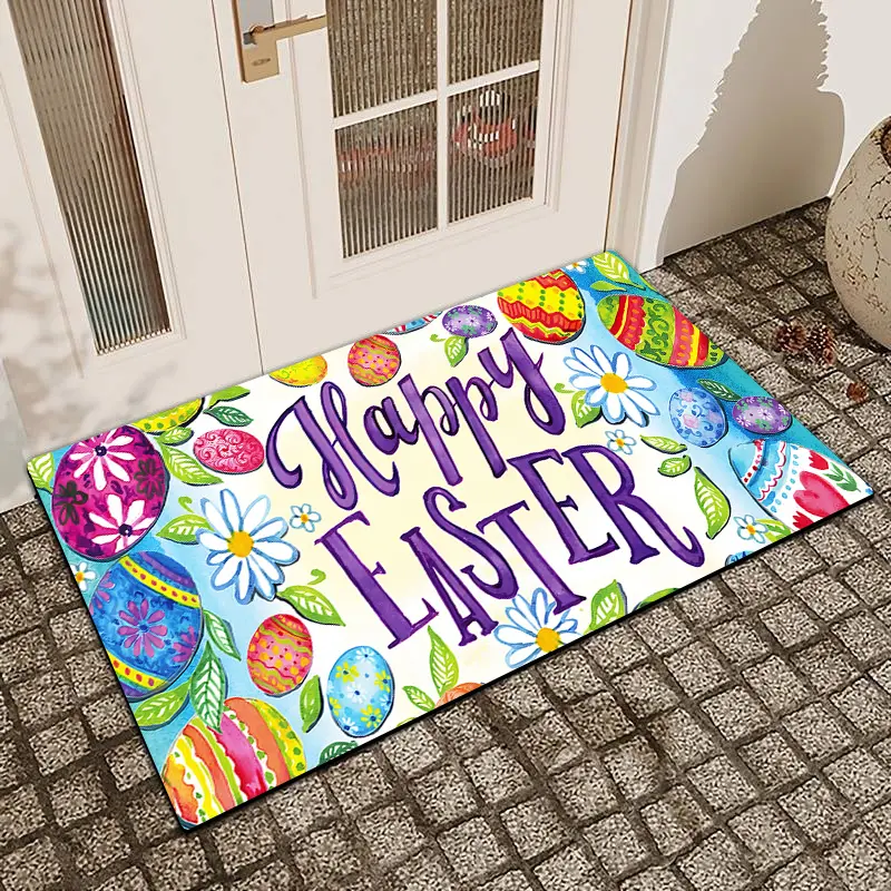 1 pc Easter Flower Rabbit Eggs Printed Door Mat Flax Surface Diatomaceous Earth Non-Slip Water-Absorbing Entrance Door Mat Indoor Outdoor Printed Holiday Home Decor