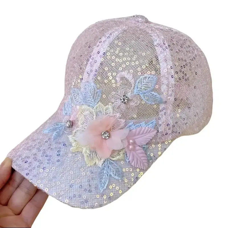 Women's 1Pc Lace Floral Glitter Sequin Baseball Cap - Champagne, Female Adjustable Strap Breathable Sun Hat, 2026 Trendy Street Fashion Accessory, 1 Size No Size Restriction for Daily Outing
